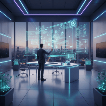 A man in a suit interacting with a large holographic interface in a futuristic office.